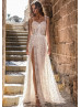 Sexy Ivory Lace Tulle Boho Beach Flowers Slit Wedding Dress